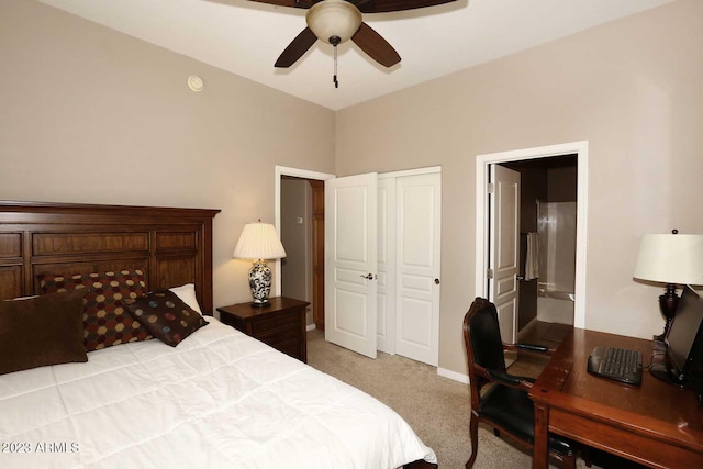 bedroom with light carpet, baseboards, and ceiling fan