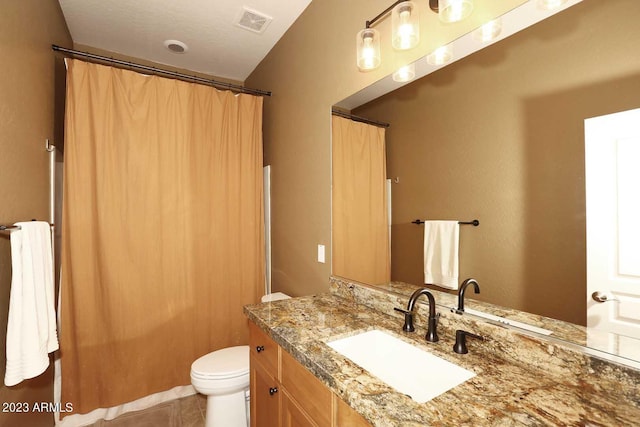 full bath featuring visible vents, toilet, and vanity