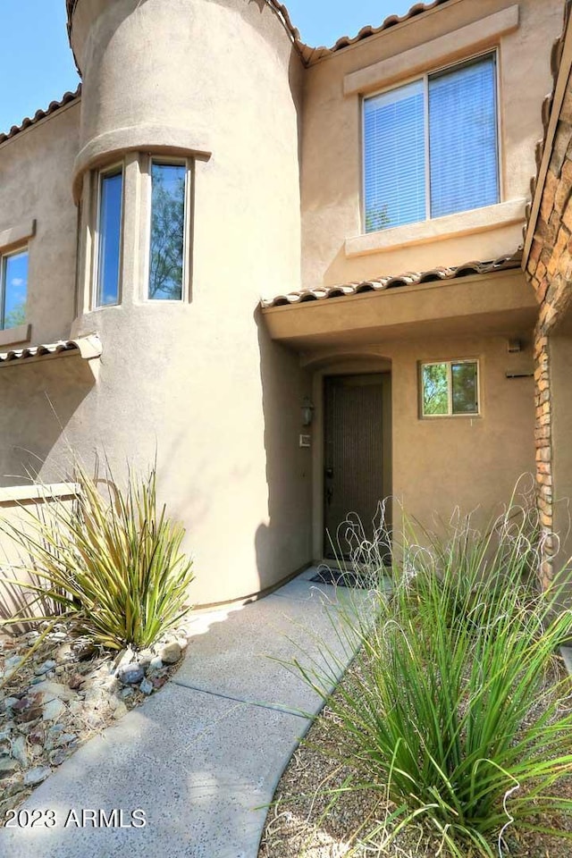 view of exterior entry with stucco siding