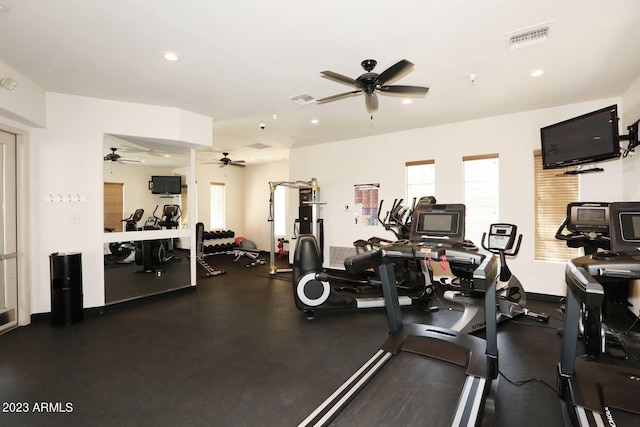 workout area featuring a ceiling fan, recessed lighting, and visible vents