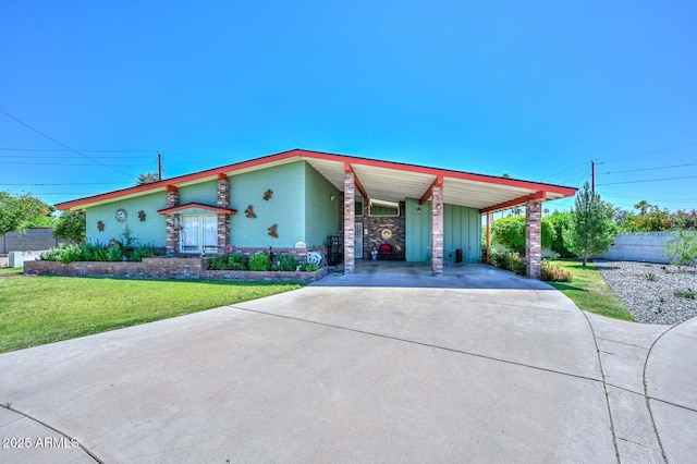 3328 S Stanley Pl, Tempe, AZ 85282 - view of front of property featuring concrete driveway, fence, a front yard, and an attached carport