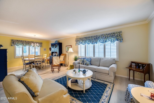 living room with crown molding and hardwood / wood-style flooring