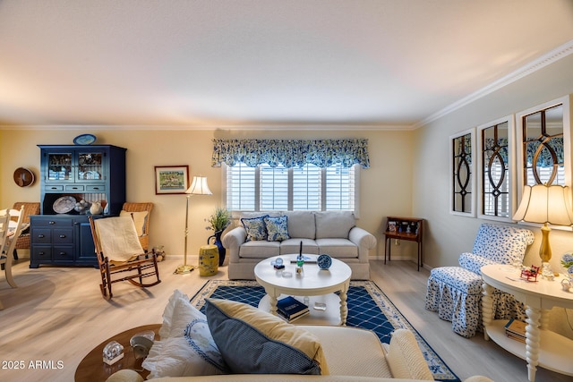 living room featuring crown molding and light hardwood / wood-style flooring