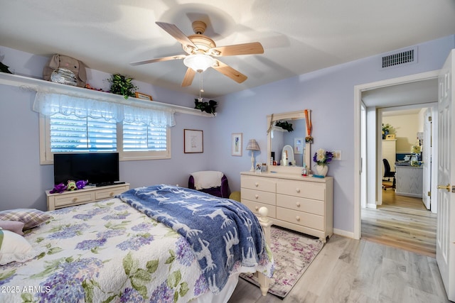 bedroom featuring ceiling fan and light hardwood / wood-style flooring