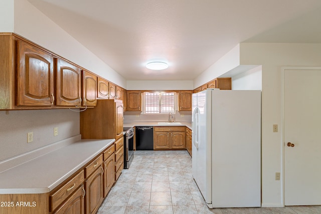 10335 W Mission Ln, Sun City, AZ 85351 - kitchen featuring white refrigerator with ice dispenser, brown cabinets, and black dishwasher