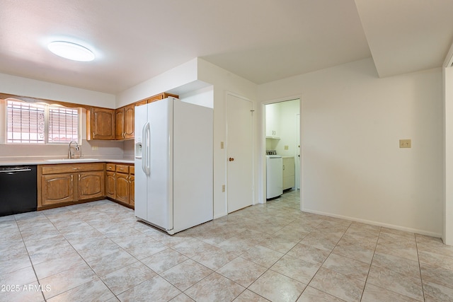 10335 W Mission Ln, Sun City, AZ 85351 - kitchen with a sink, white fridge with ice dispenser, brown cabinetry, light countertops, and dishwasher