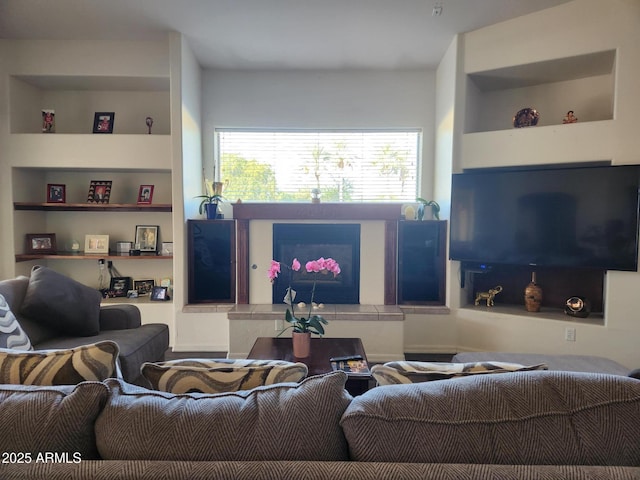 living room featuring built in shelves