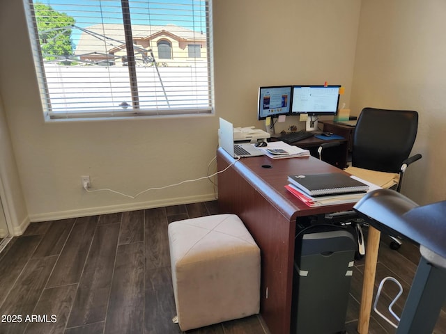 home office with dark wood-type flooring