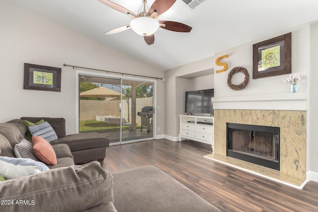 17606 N 2nd Ave, Phoenix, AZ 85023 - living area with lofted ceiling, ceiling fan, baseboards, wood finished floors, and a fireplace
