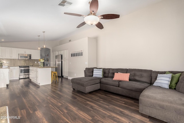 17606 N 2nd Ave, Phoenix, AZ 85023 - living area featuring dark wood finished floors, a ceiling fan, and vaulted ceiling
