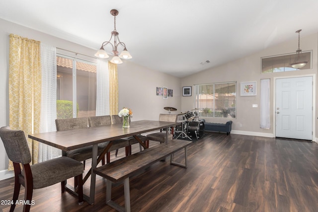 17606 N 2nd Ave, Phoenix, AZ 85023 - dining space with lofted ceiling, dark wood finished floors, baseboards, and a chandelier
