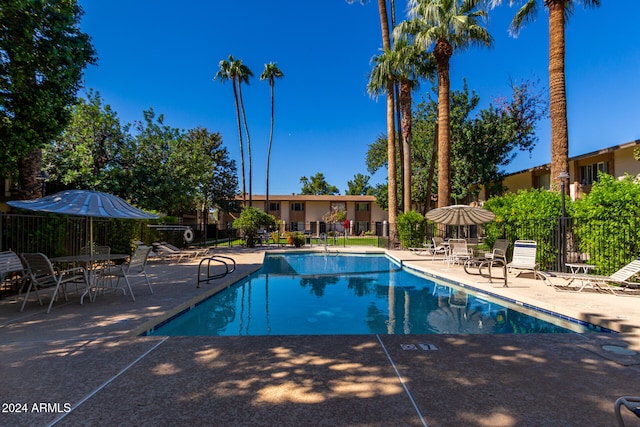 view of swimming pool with a patio area