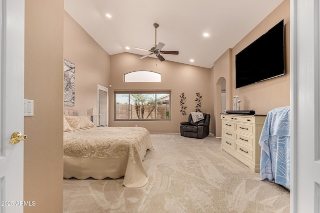 bedroom with arched walkways, a ceiling fan, light colored carpet, vaulted ceiling, and recessed lighting