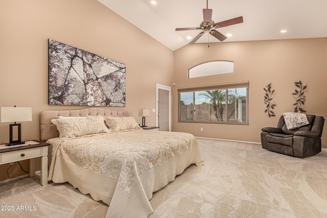 bedroom featuring ceiling fan, high vaulted ceiling, carpet, and recessed lighting