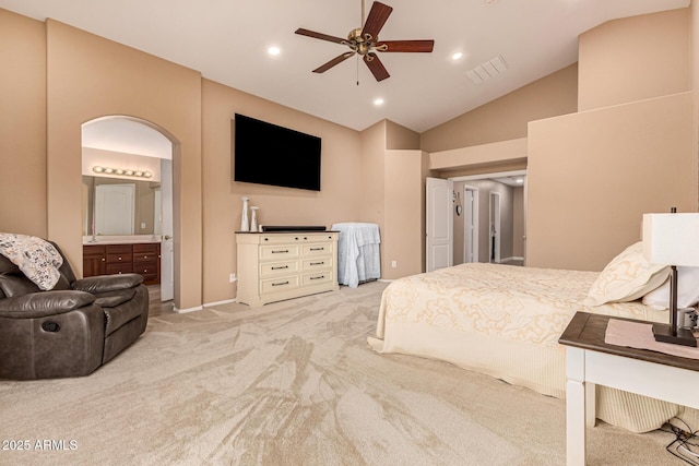 bedroom featuring visible vents, vaulted ceiling, carpet flooring, and recessed lighting