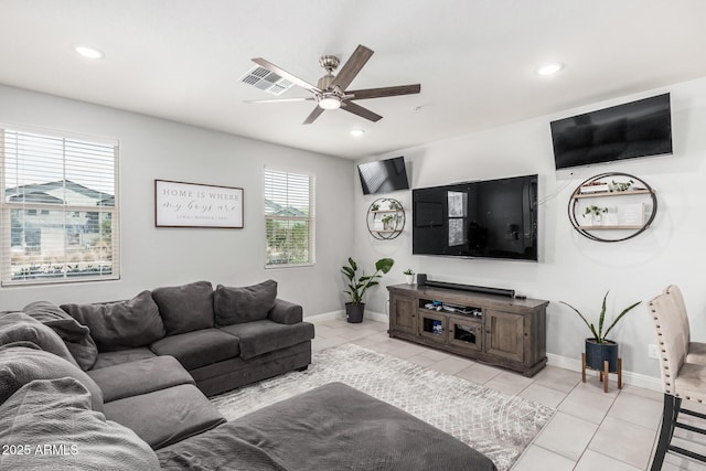 2640 N Heritage St, Buckeye, AZ 85396 - living room with a ceiling fan, visible vents, recessed lighting, and light tile patterned floors