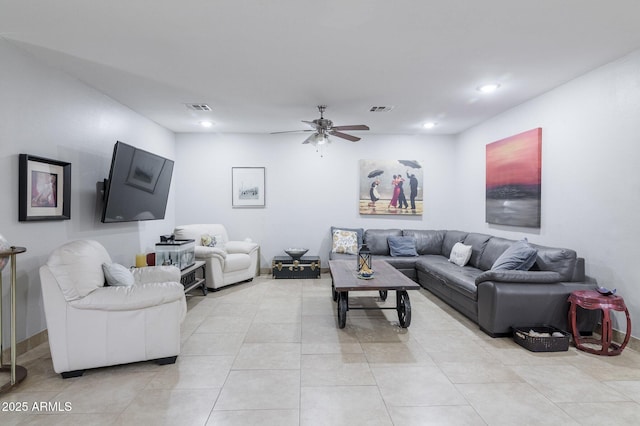 living room featuring light tile patterned floors, ceiling fan, visible vents, and recessed lighting