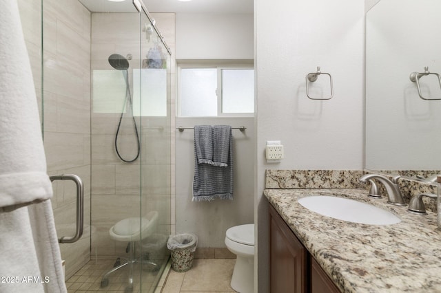 bathroom featuring vanity, tile patterned flooring, a shower stall, and toilet