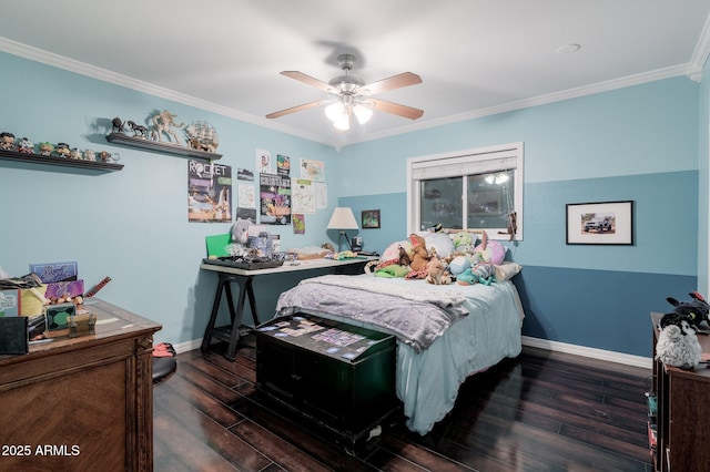 bedroom featuring ornamental molding, ceiling fan, baseboards, and wood finished floors