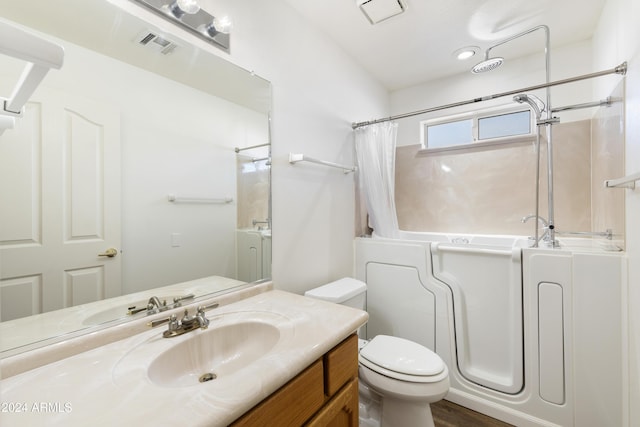 full bathroom with a washtub, visible vents, a shower with shower curtain, toilet, and vanity