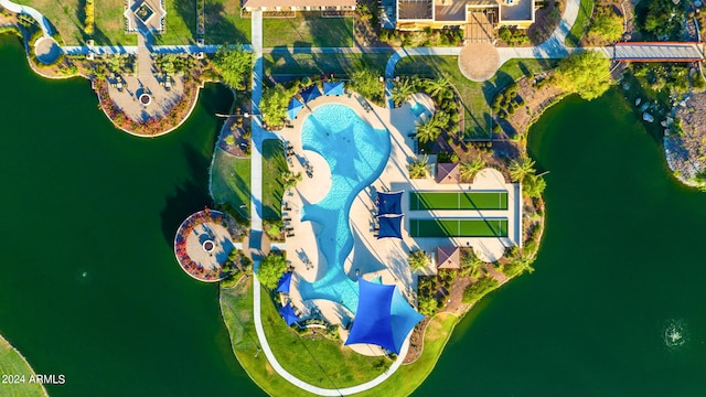 drone / aerial view with a water view