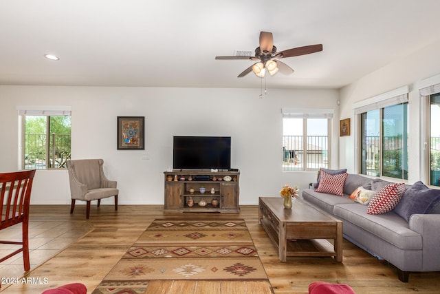 living room with ceiling fan and hardwood / wood-style flooring