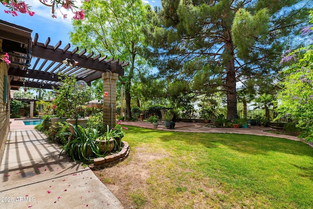 view of yard with a pergola, an outdoor pool, and a patio