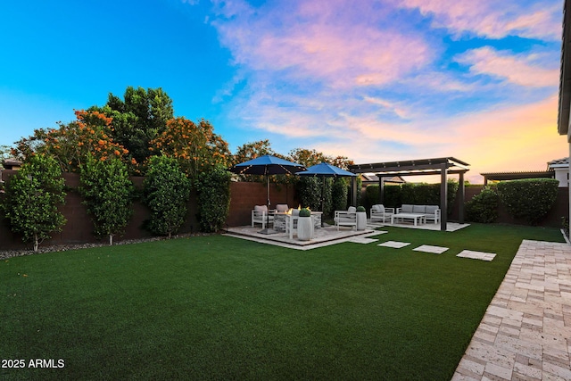 view of yard featuring a patio, a pergola, outdoor lounge area, and a fenced backyard