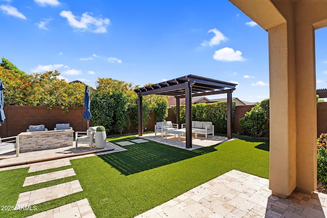 view of yard featuring a patio, a fenced backyard, a pergola, and an outdoor hangout area