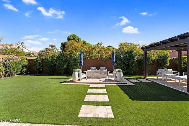 view of yard featuring a fenced backyard, a patio, and a pergola