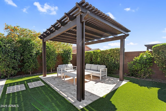view of patio / terrace with a pergola, a fenced backyard, and an outdoor hangout area