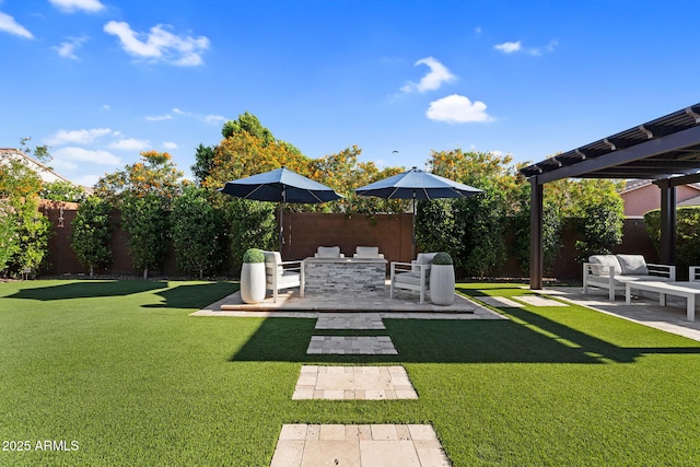 view of yard featuring a fenced backyard, a pergola, a patio area, and outdoor lounge area