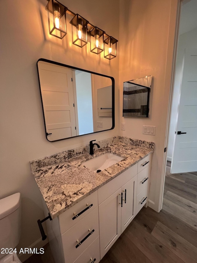 bathroom with vanity, hardwood / wood-style flooring, and toilet