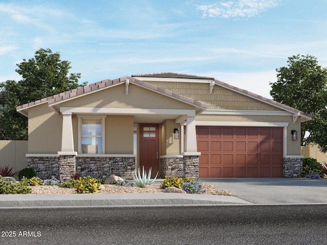 craftsman house featuring stucco siding, stone siding, an attached garage, and driveway