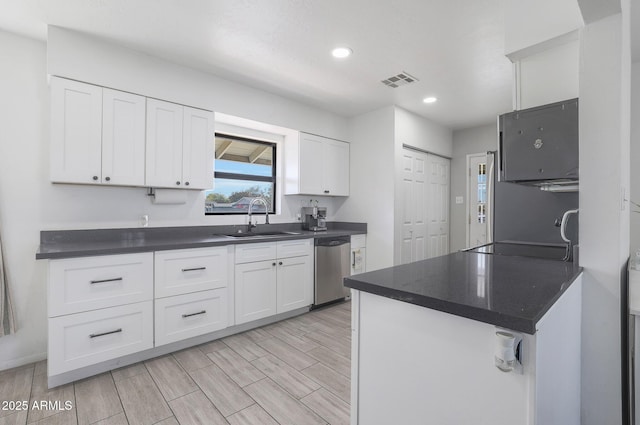 kitchen featuring white cabinetry, stainless steel dishwasher, and sink