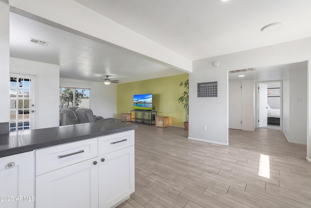 kitchen with white cabinets and ceiling fan