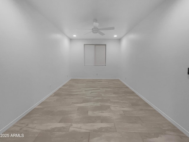 unfurnished room featuring recessed lighting, baseboards, a ceiling fan, and light wood finished floors