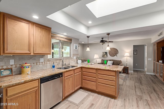 kitchen featuring a sink, backsplash, open floor plan, a peninsula, and dishwasher