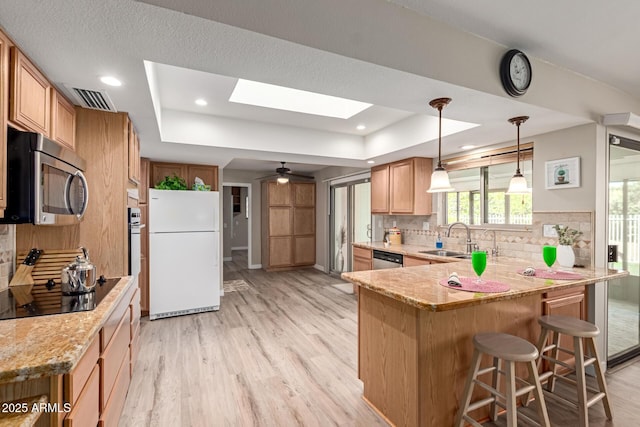 kitchen with a tray ceiling, visible vents, appliances with stainless steel finishes, and a sink