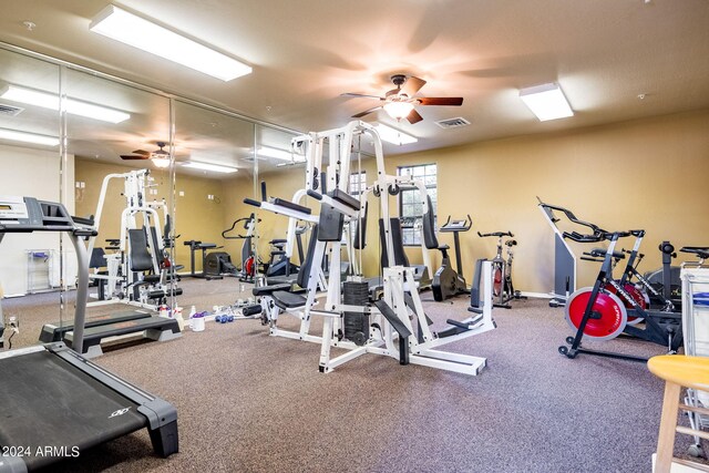 gym with carpet flooring and ceiling fan