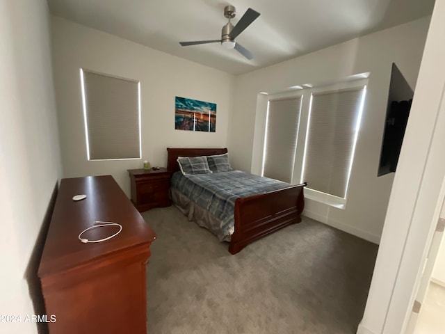 bedroom with ceiling fan and carpet floors