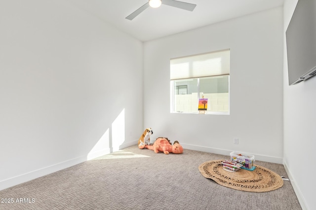 game room featuring ceiling fan and carpet flooring