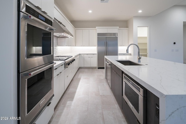 kitchen with sink, built in appliances, tasteful backsplash, an island with sink, and white cabinets