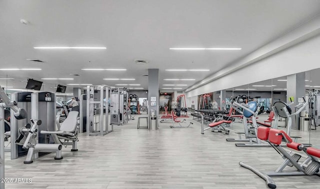 workout area featuring light wood-type flooring