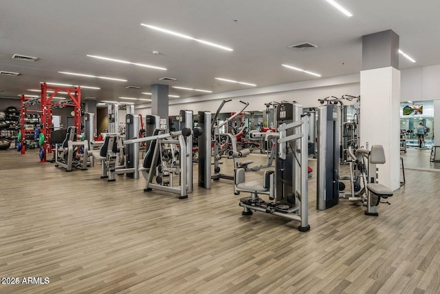 workout area featuring light wood-type flooring