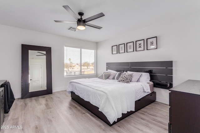 bedroom with ceiling fan and light hardwood / wood-style flooring