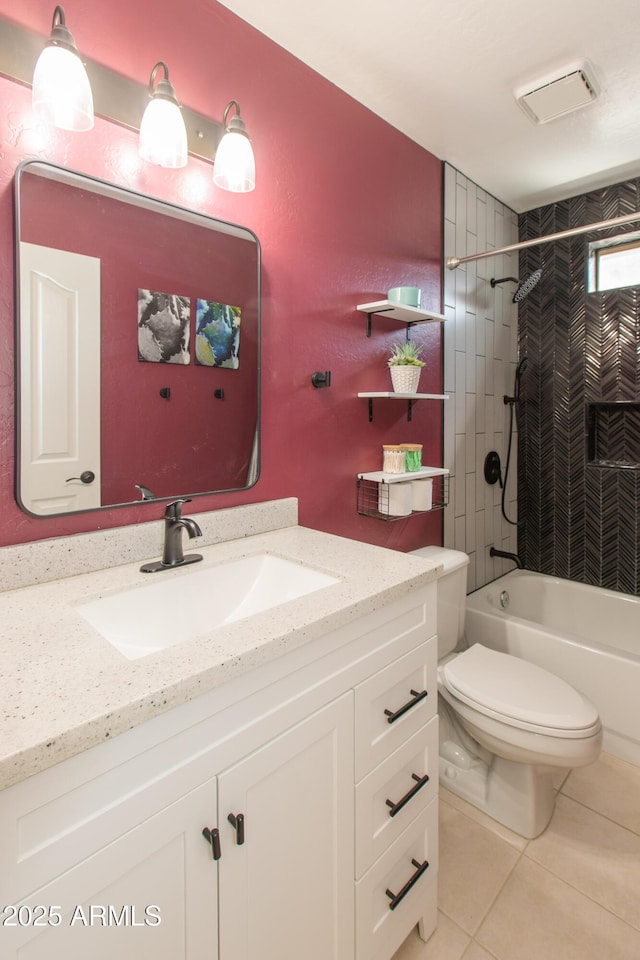 bathroom featuring toilet, tile patterned flooring,  shower combination, and vanity