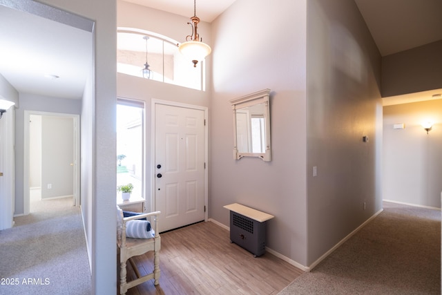 foyer with a high ceiling, a wealth of natural light, and light hardwood / wood-style floors