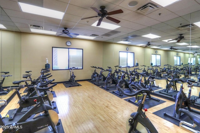 exercise room featuring a paneled ceiling, visible vents, and wood finished floors