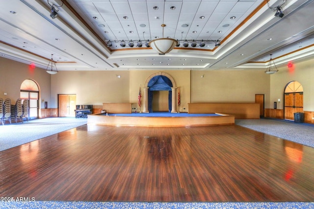 game room with wood finished floors, a high ceiling, a raised ceiling, and rail lighting